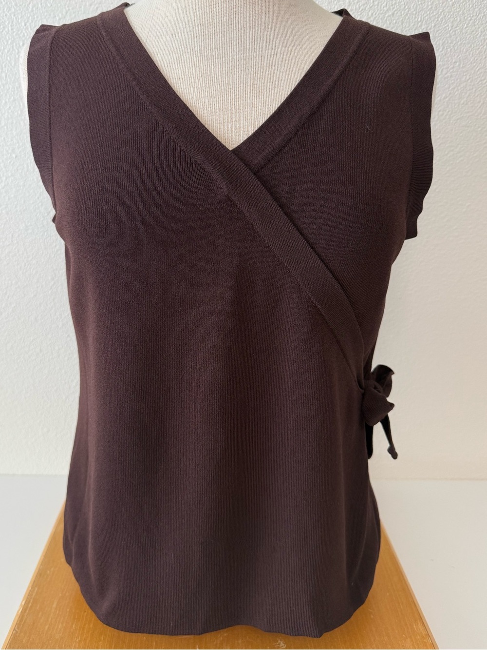 Vintage Faux Wrap Top-Sleeveless V-Neck-Side Bow, Thick Stretchy Knit - Fits M/L